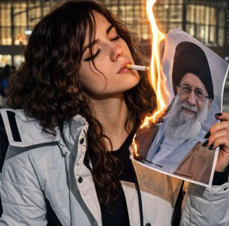 Lighting Cigarette With Burning Khamenei Portrait